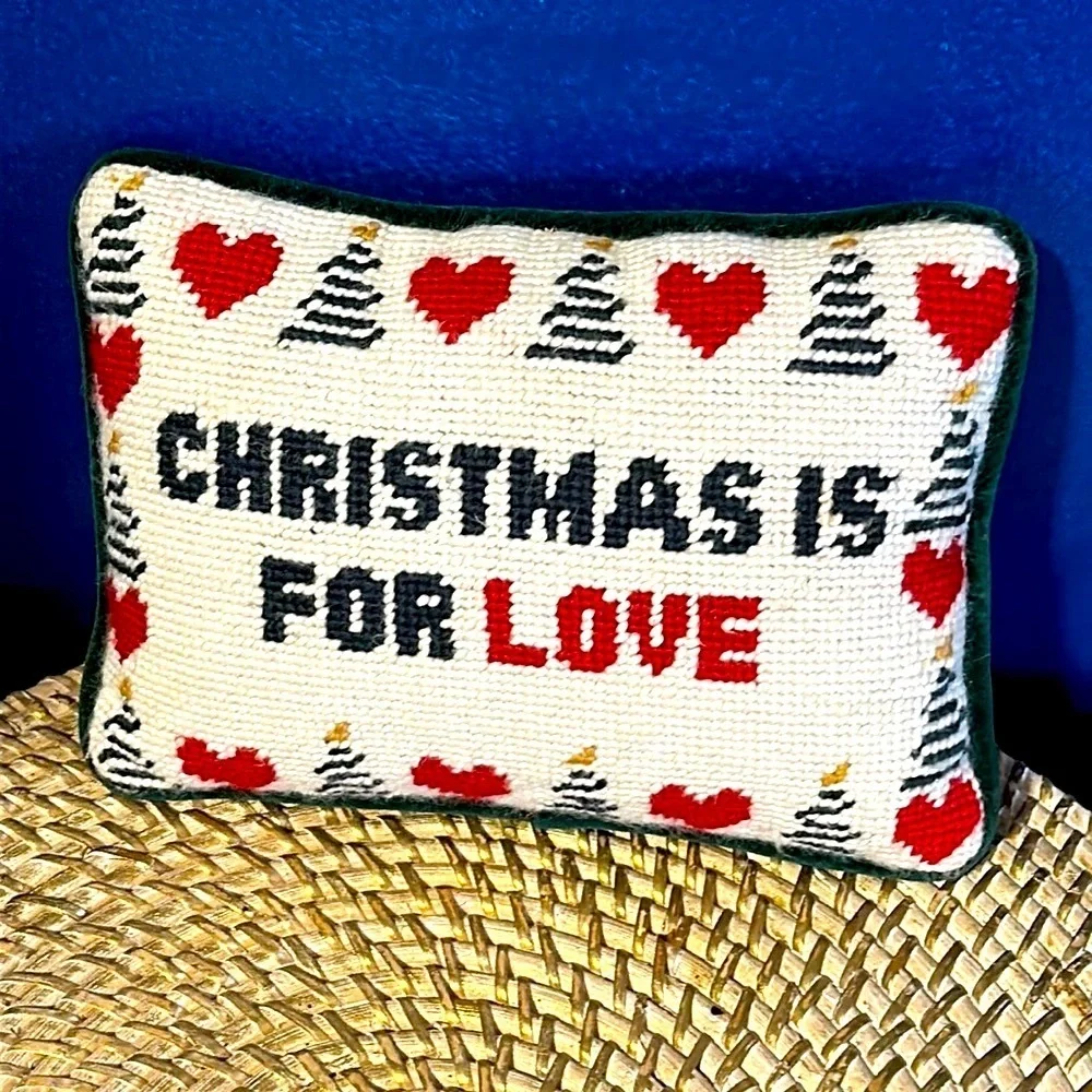 Needlepoint Handmade “Christmas is for Love Small Green Velvet Backed Pillow